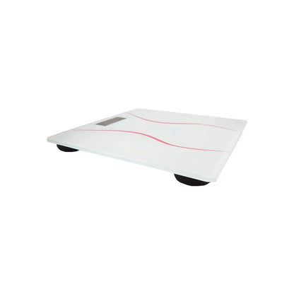 Báscula corporal digital blanca de cristal con diseño de ondas rosas, capacidad 180 kg, para seguimiento de peso