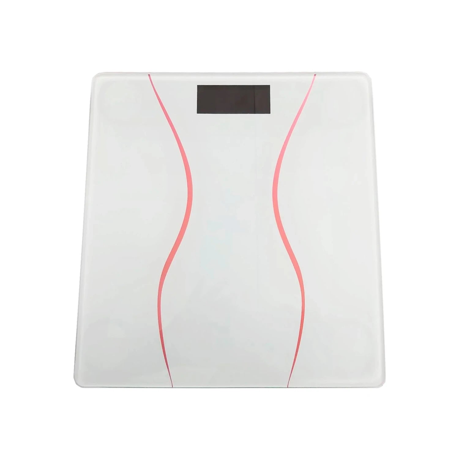 Báscula corporal digital blanca de 180 kg con diseño de curvas rosas y pantalla para control de peso.