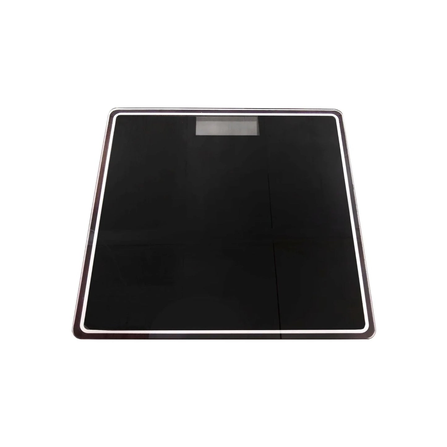 Báscula corporal digital negra de vidrio con pantalla LCD y borde cromado para control de peso preciso