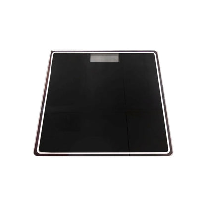 Báscula corporal digital negra de vidrio con pantalla LCD y borde cromado para control de peso preciso