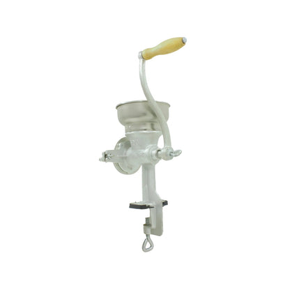 Molino de grano manual plateado con manivela de madera, sujeción de mesa, ideal para maíz, café y cereales