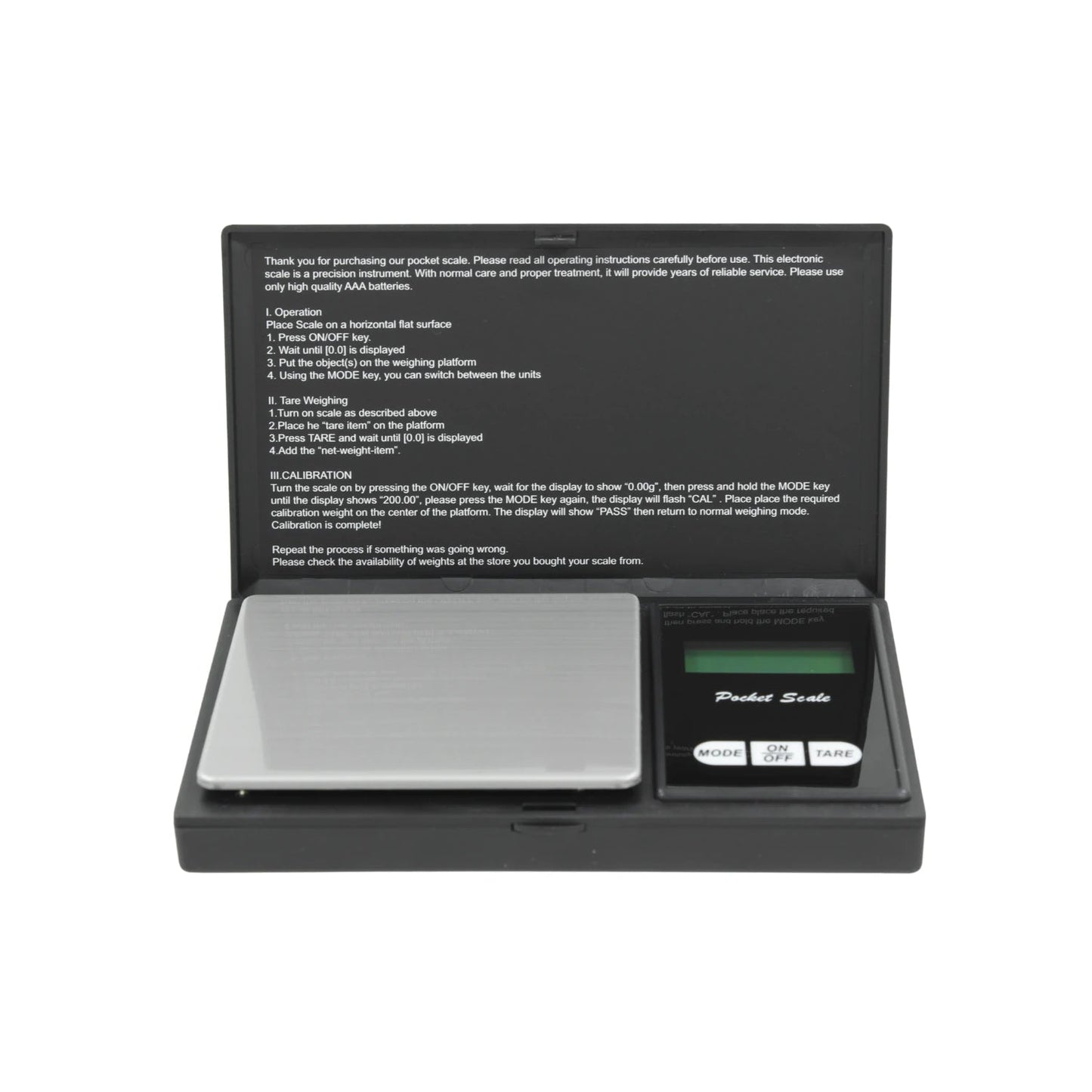 Báscula digital de bolsillo negra para precisión, con pantalla LCD y botones de tara, ideal para gramos