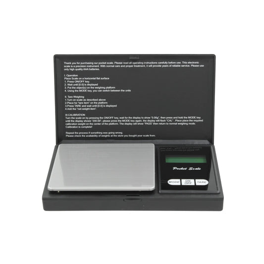 Báscula digital de bolsillo negra para precisión, con pantalla LCD y botones de tara, ideal para gramos