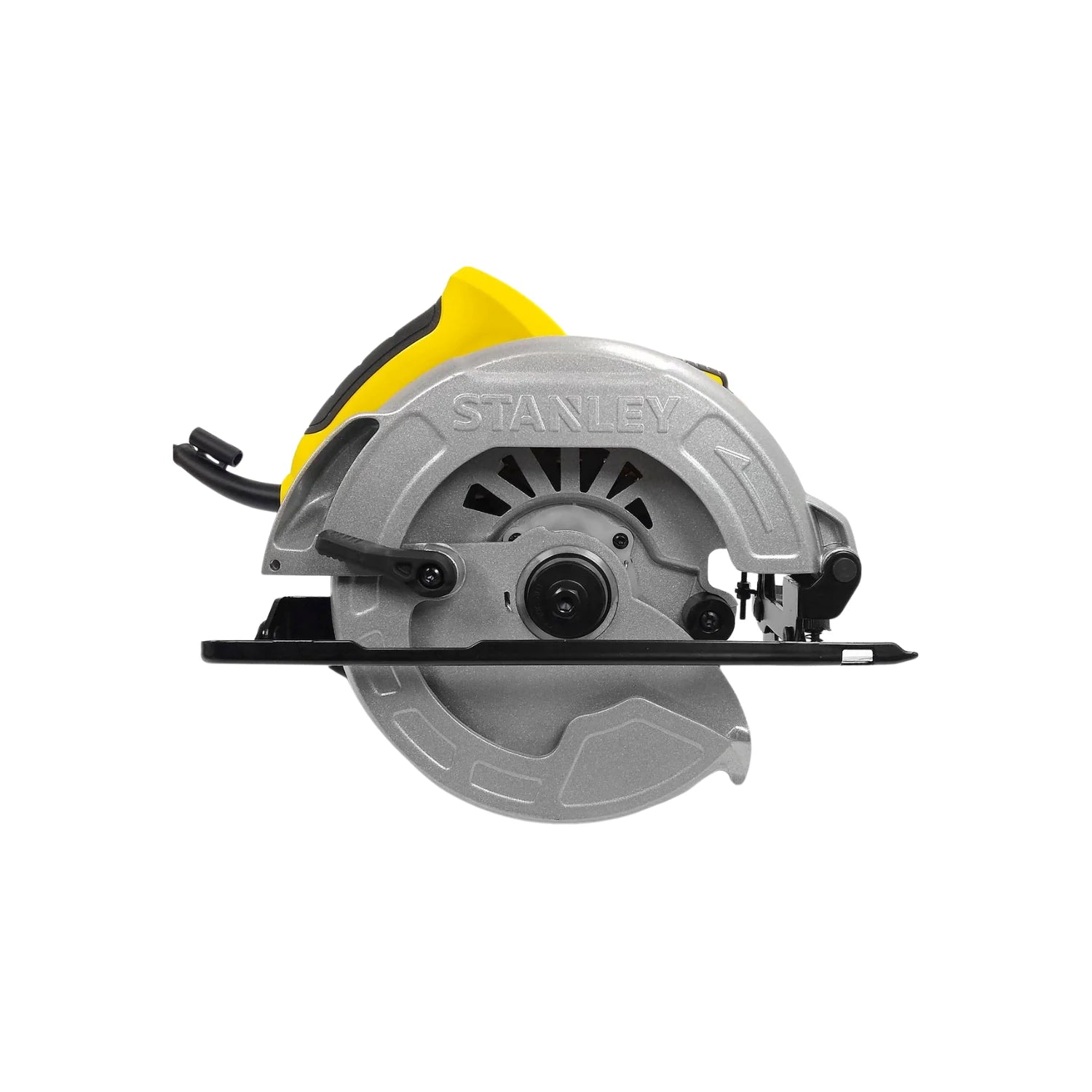 Sierra circular Stanley eléctrica amarilla y plateada con base, para cortes de madera precisos en carpintería