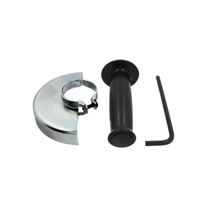 Protector metálico para esmeriladora, mango auxiliar negro y llave Allen hexagonal.
