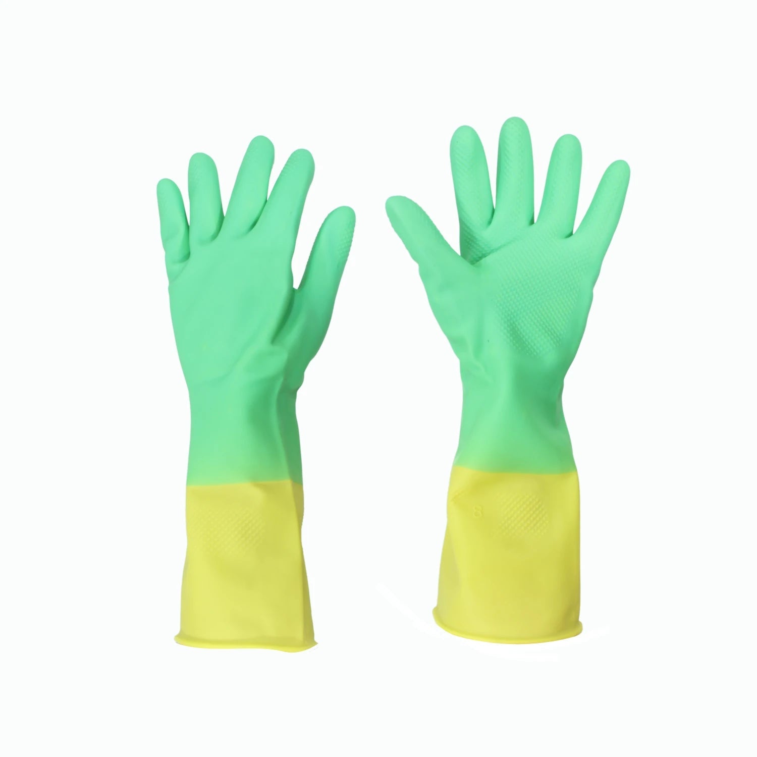 Guantes de hule verde y amarillo talla 8 con agarre texturizado, para limpieza y protección en el hogar.