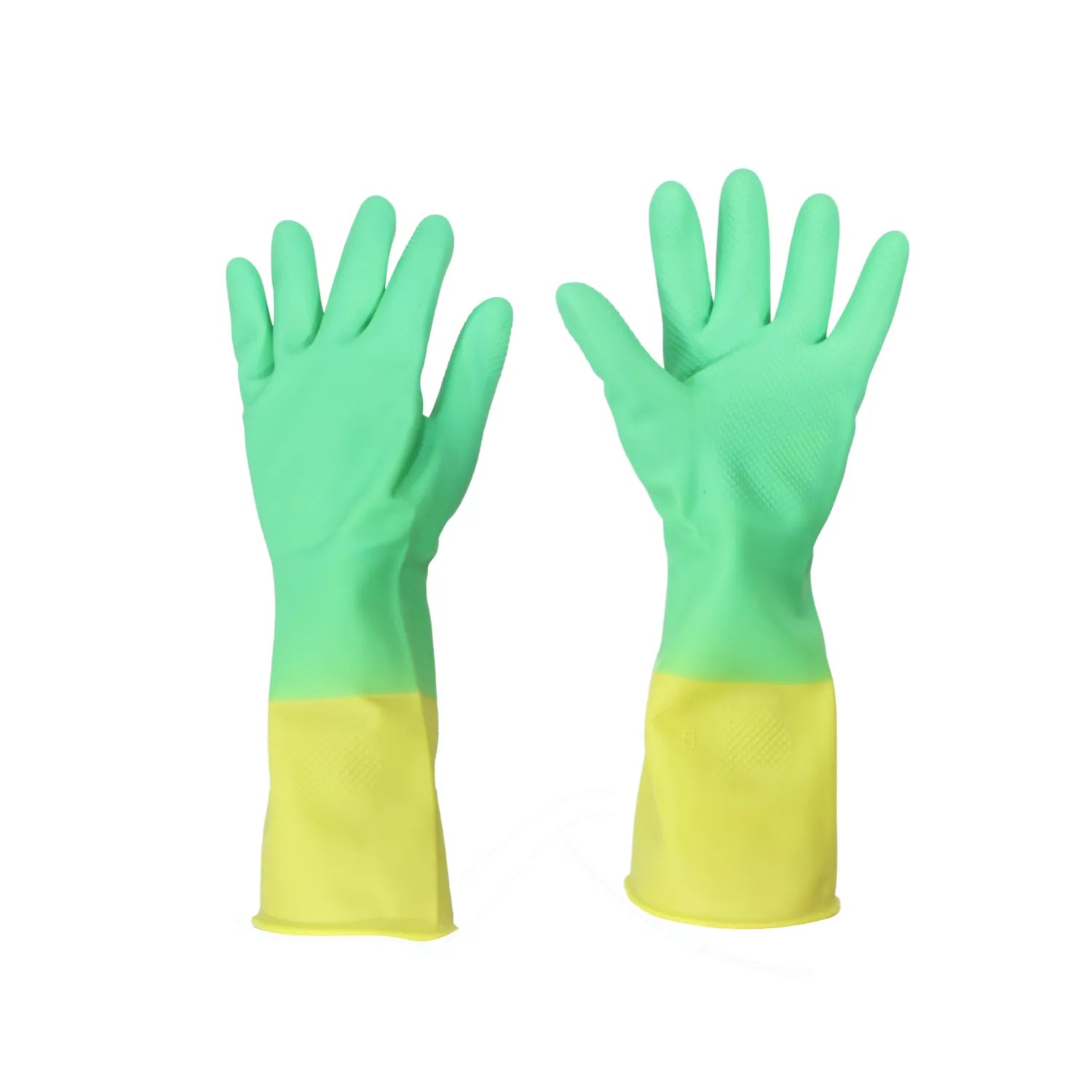 Guantes de goma antideslizantes bicolores verde y amarillo para ferretería, limpieza y protección de manos.
