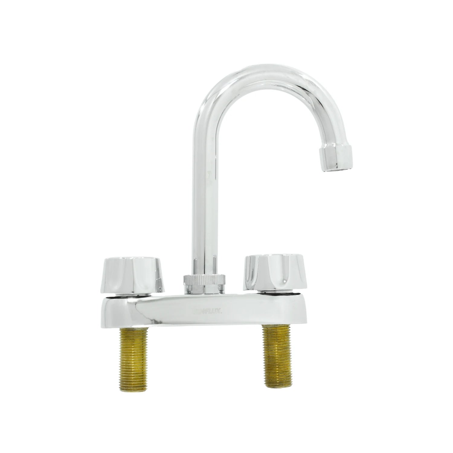 Mezcladora cromada para lavabo de 4", doble maneral, con cuello de ganso.