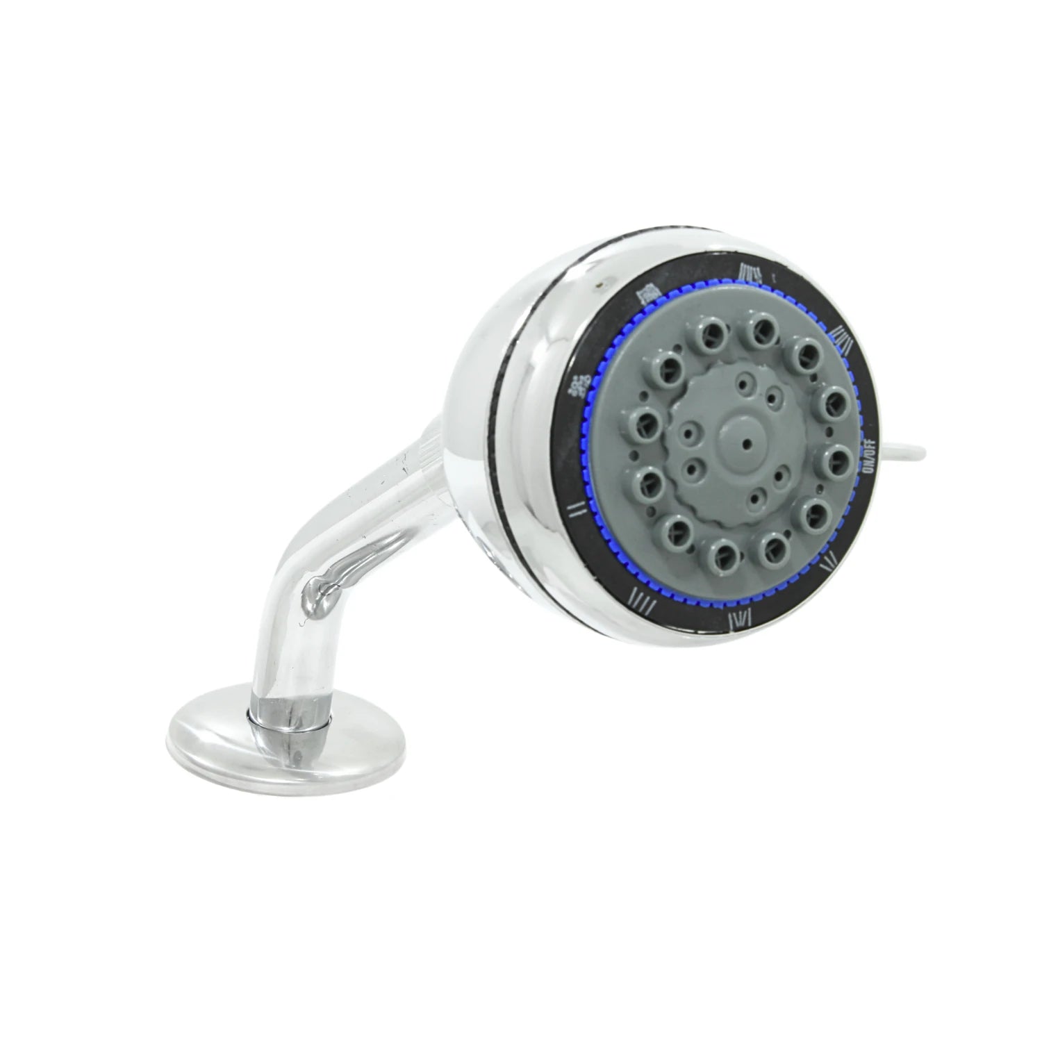 Regadera redonda 3 pulgadas, 5 funciones, acabado cromado y boquillas ABS para diferentes tipos de chorro.