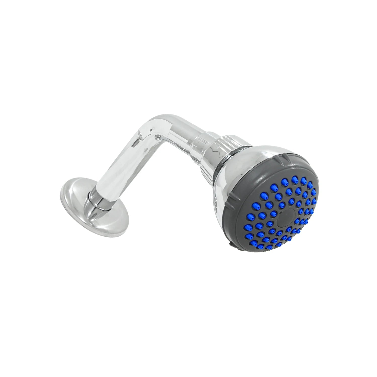 Regadera redonda de 2.5 pulgadas con brazo cromado, cabeza gris y boquillas azules de ABS para baño.