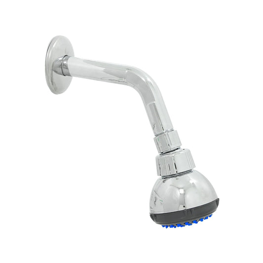 Regadera redonda cromada para ducha con brazo curvo montado en pared y boquillas azules