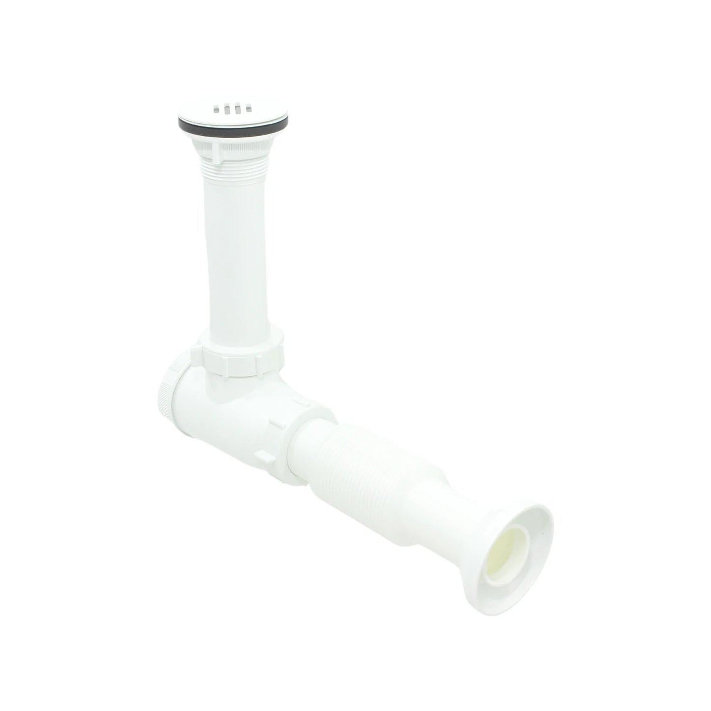 Cespol flexible blanco para fregadero con trampa y tubería corrugada para un drenaje eficiente.