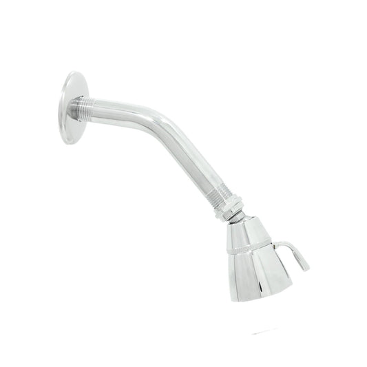 Regadera de ducha ajustable metálica cromada con brazo curvo y chapetón, para instalación en baño.