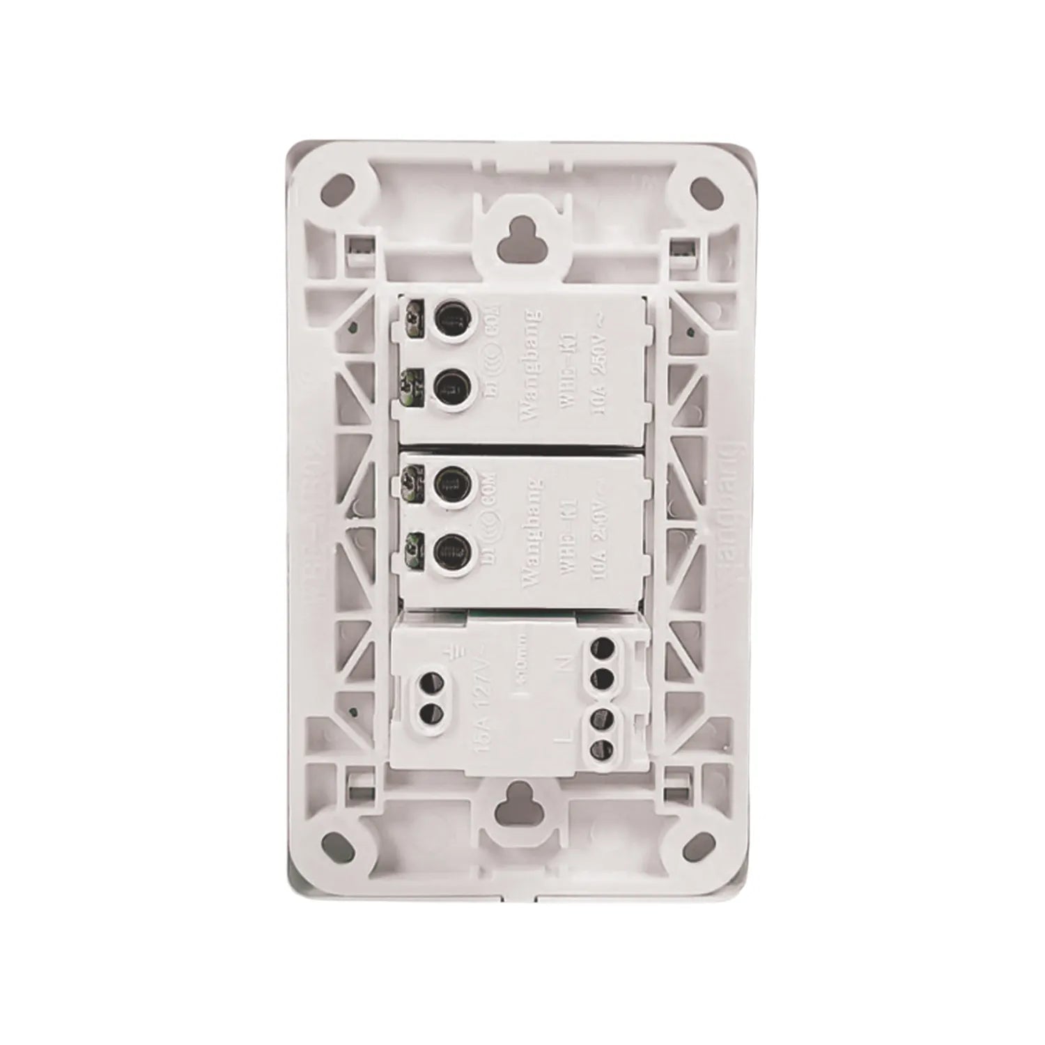 Parte trasera de placa eléctrica blanca Wangbang con 2 apagadores 10A 250V y 1 contacto 15A 127V, terminales de cableado.
