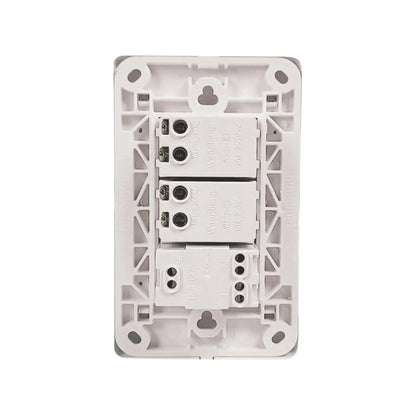 Parte trasera de placa eléctrica blanca Wangbang con 2 apagadores 10A 250V y 1 contacto 15A 127V, terminales de cableado.