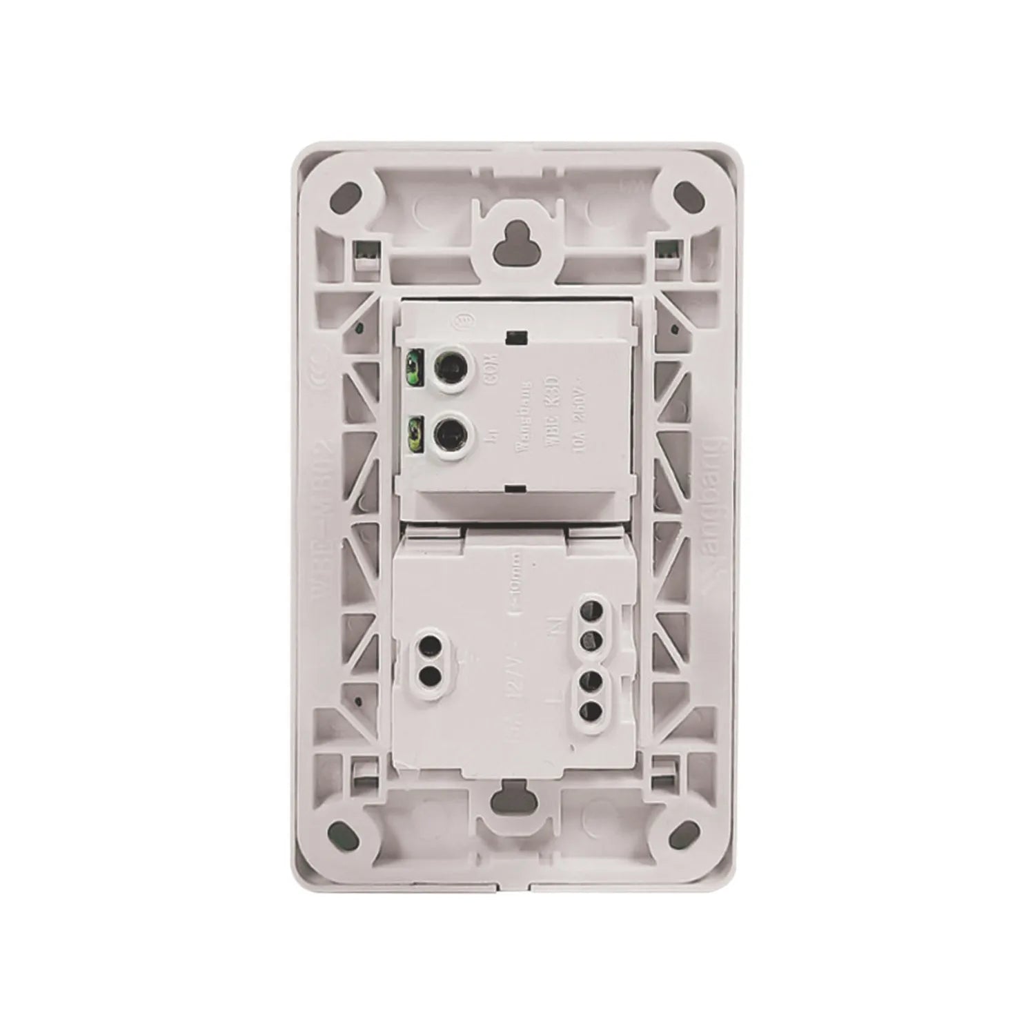 Vista trasera de placa eléctrica 1 apagador y 1 contacto blanca, terminales de cableado.