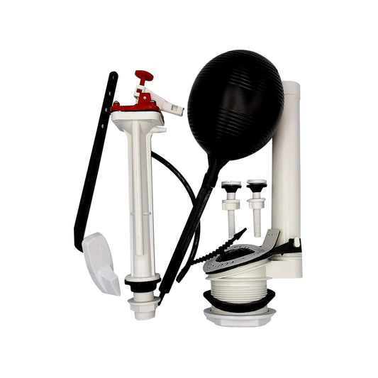 Kit herrajes inodoro completo: válvula llenado, descarga, flotador negro, palanca, tornillos tanque, blanco.