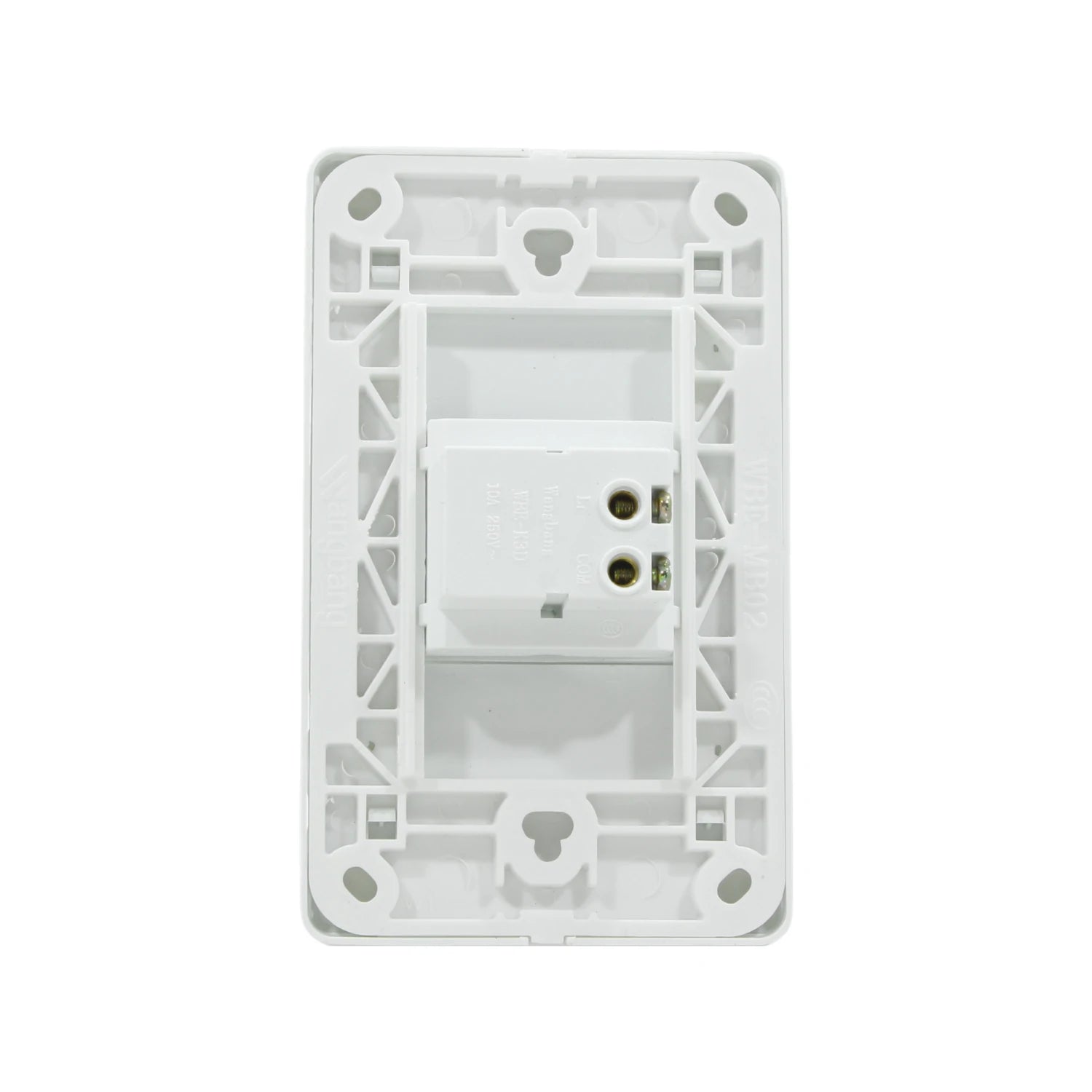 Placa blanca para timbre con módulo interruptor push-button WanZhanBao 10A 250V, vista posterior.