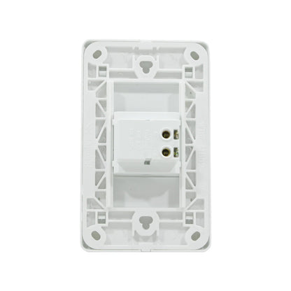 Placa blanca para timbre con módulo interruptor push-button WanZhanBao 10A 250V, vista posterior.