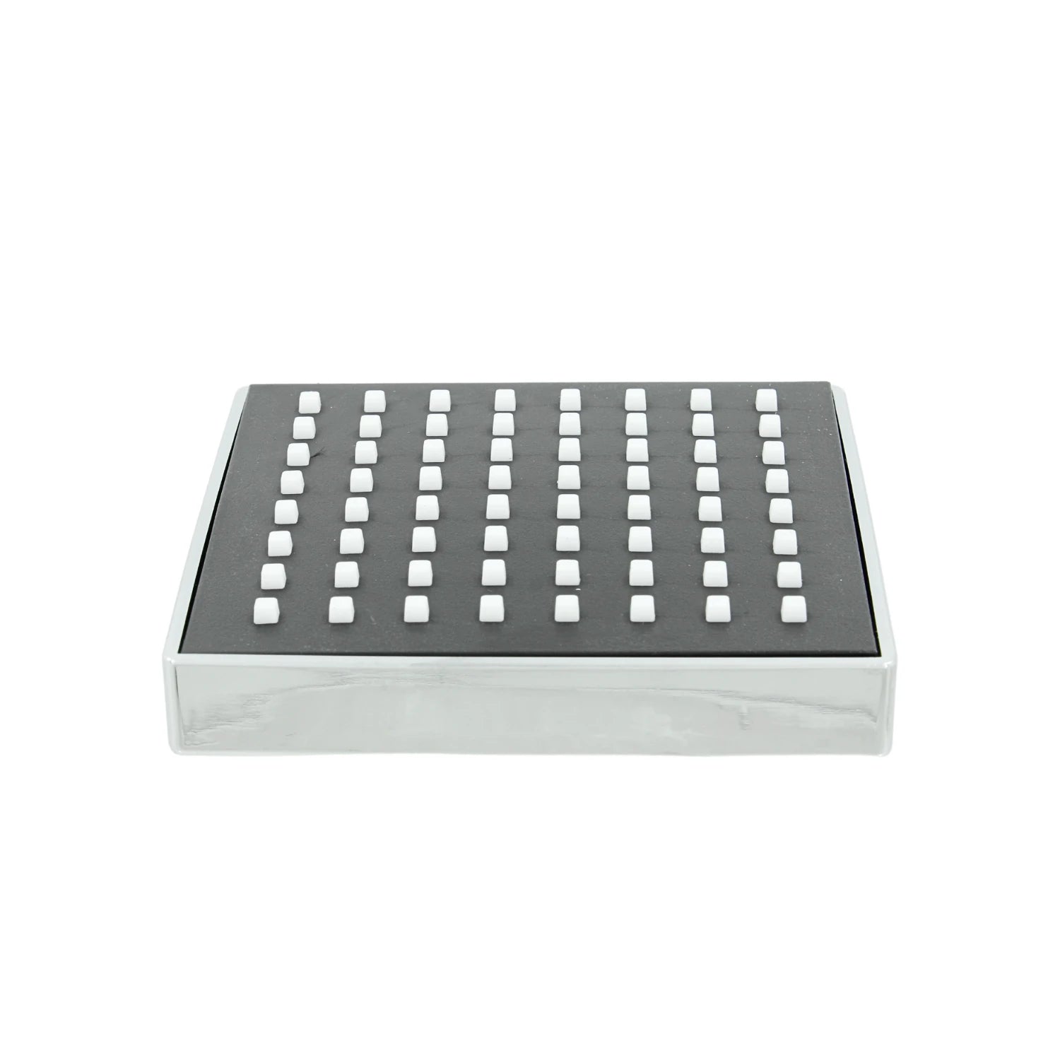Regadera cuadrada 4" ABS negra con panel de boquillas blancas y acabado cromado