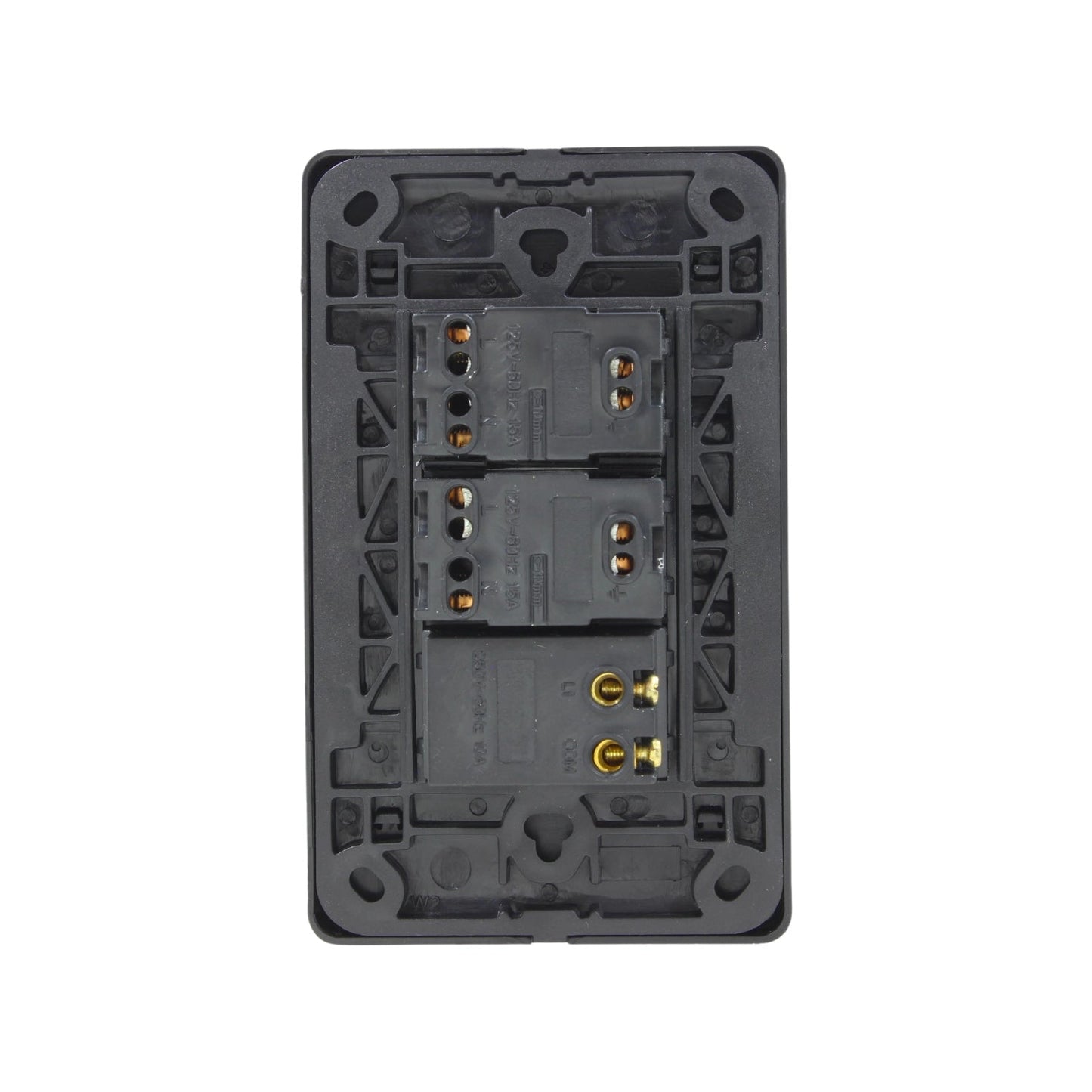 Vista posterior de placa eléctrica negra con 3 módulos de conexiones, terminales para 2 contactos y 1 apagador 250V 15A.