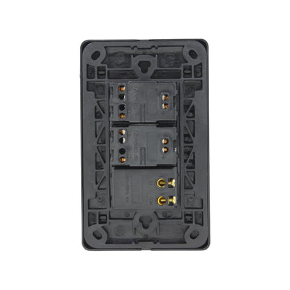 Placa eléctrica modular negra, vista trasera con terminales para conexiones de 250V 16A para apagadores y contactos.