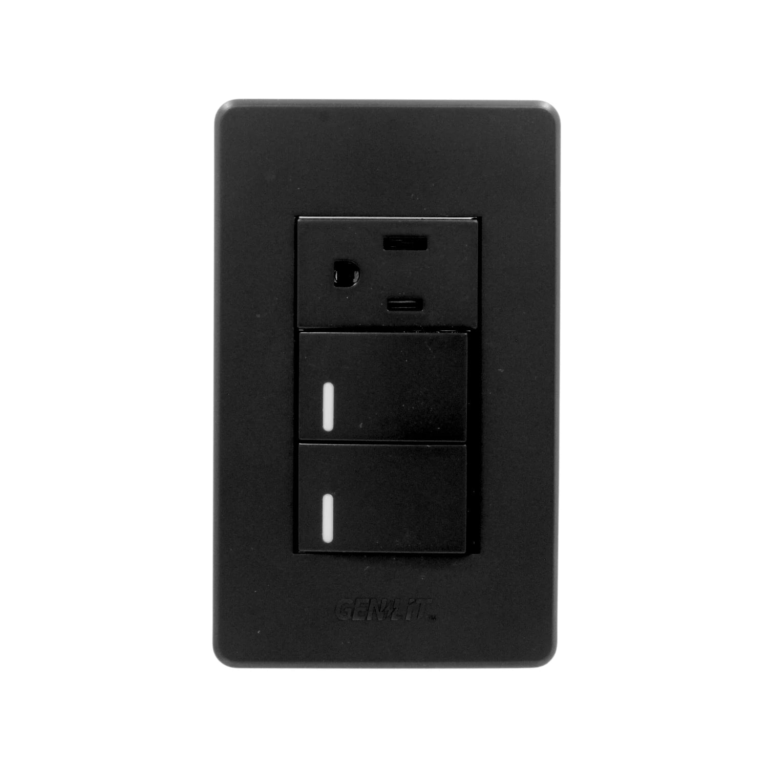 Placa de pared Genlit negra con dos apagadores de luz y un contacto eléctrico