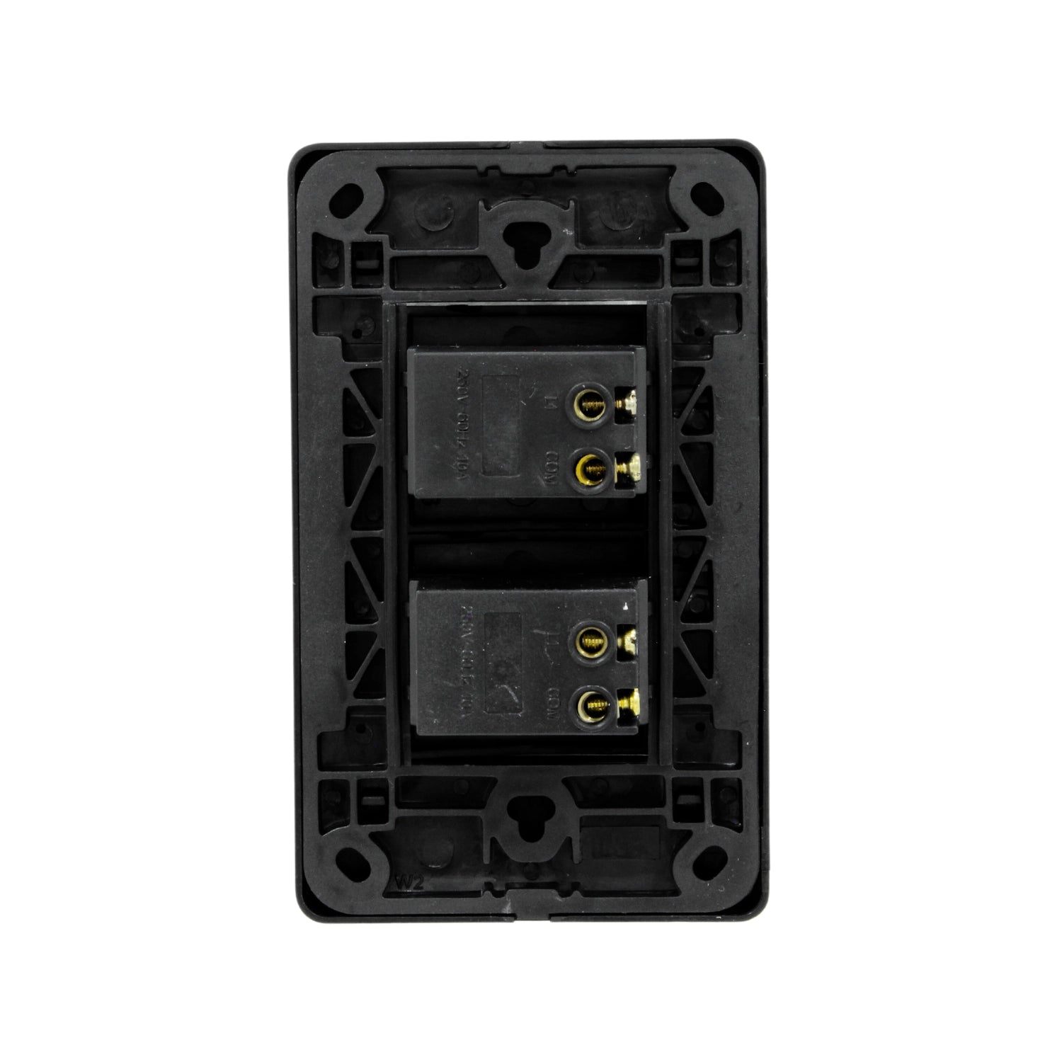 Placa eléctrica negra para dos apagadores, parte trasera con módulos interruptores y terminales de cableado 250V 10A.