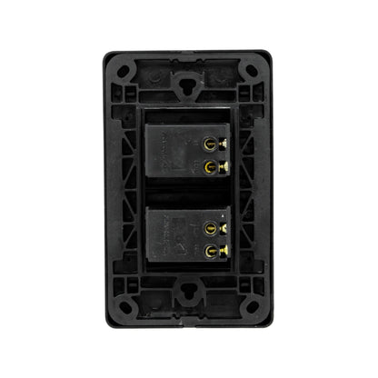 Placa eléctrica negra para dos apagadores, parte trasera con módulos interruptores y terminales de cableado 250V 10A.