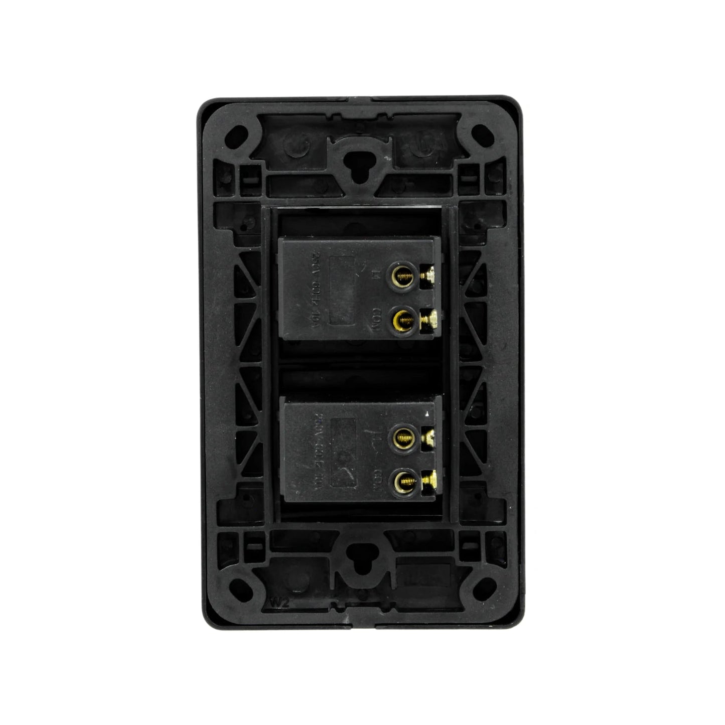 Placa de apagadores negra con doble interruptor vista trasera, terminales eléctricos de cableado.