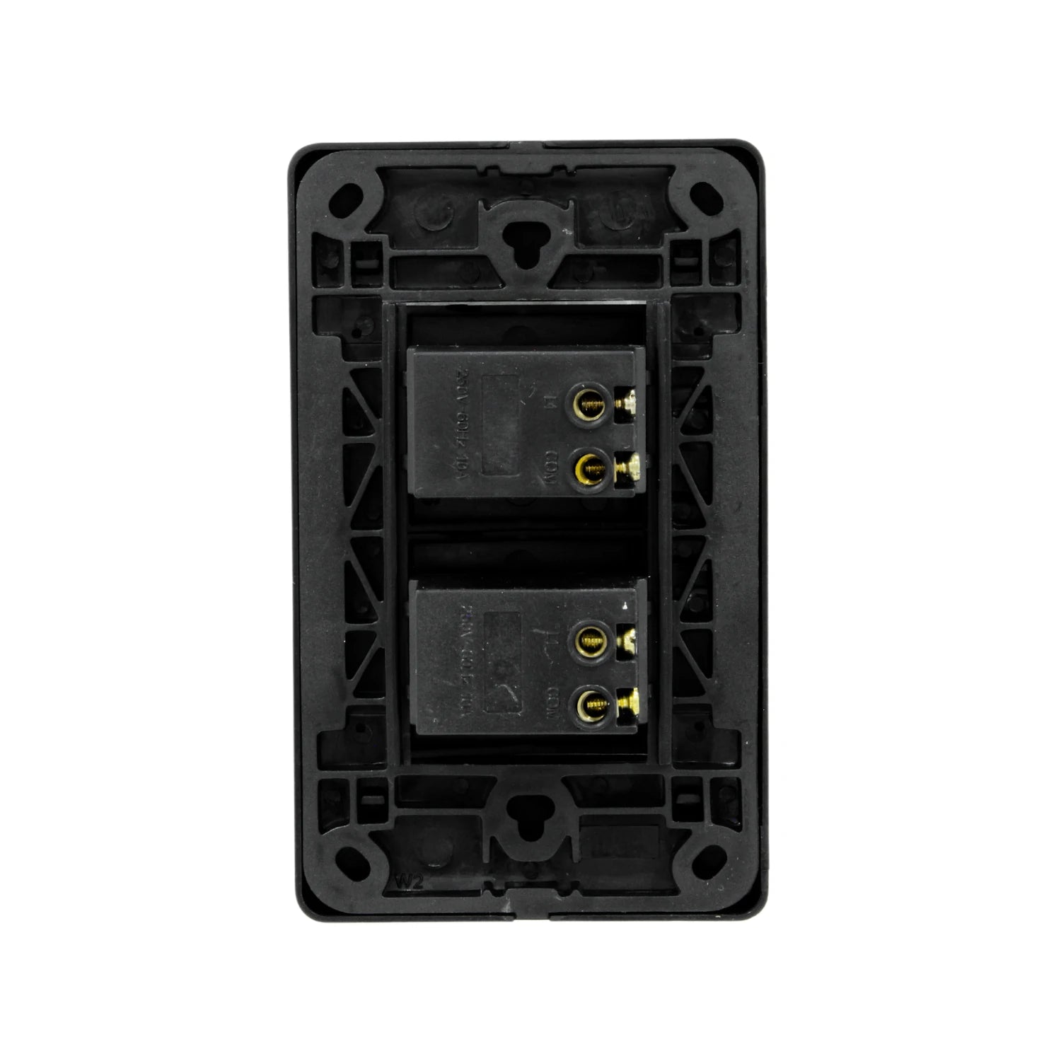 Placa de apagadores negra con doble interruptor vista trasera, terminales eléctricos de cableado.