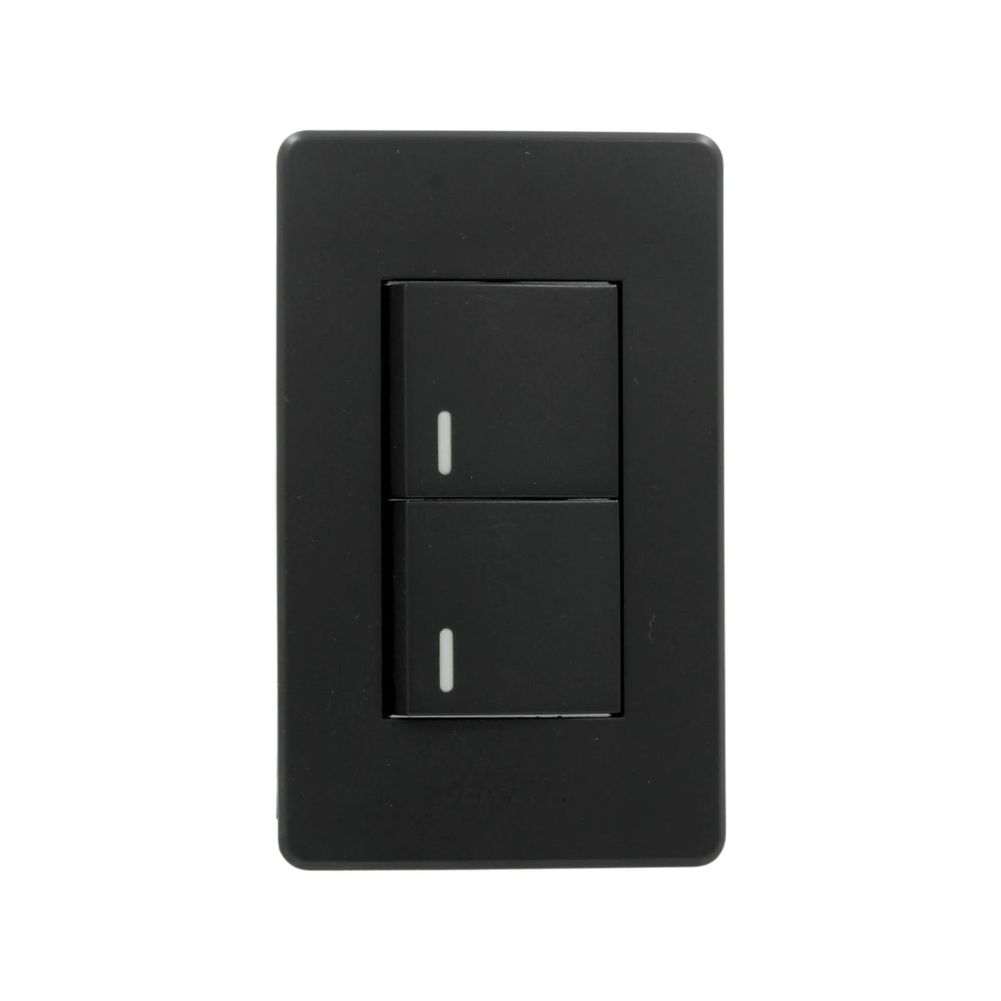 Placa eléctrica negra Genlit con dos apagadores dobles para pared, indicadores blancos.