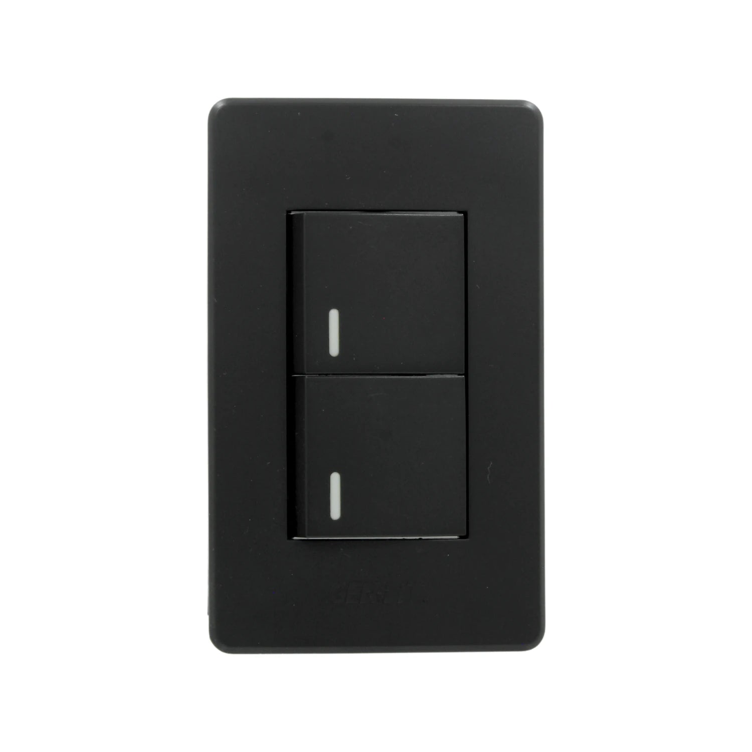 Placa eléctrica negra Genlit con dos apagadores dobles para pared, indicadores blancos.