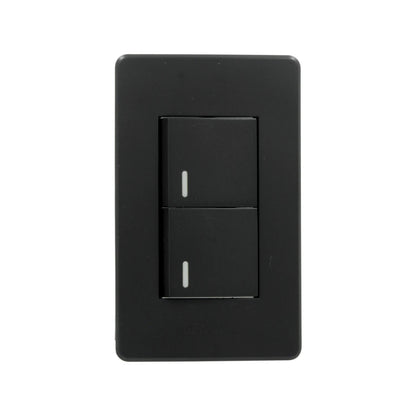 Placa eléctrica negra Genlit con dos apagadores dobles para pared, indicadores blancos.