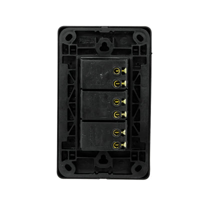 Parte trasera de placa negra para 3 apagadores con módulos individuales, terminales de tornillo para conexión eléctrica 240V 10A.