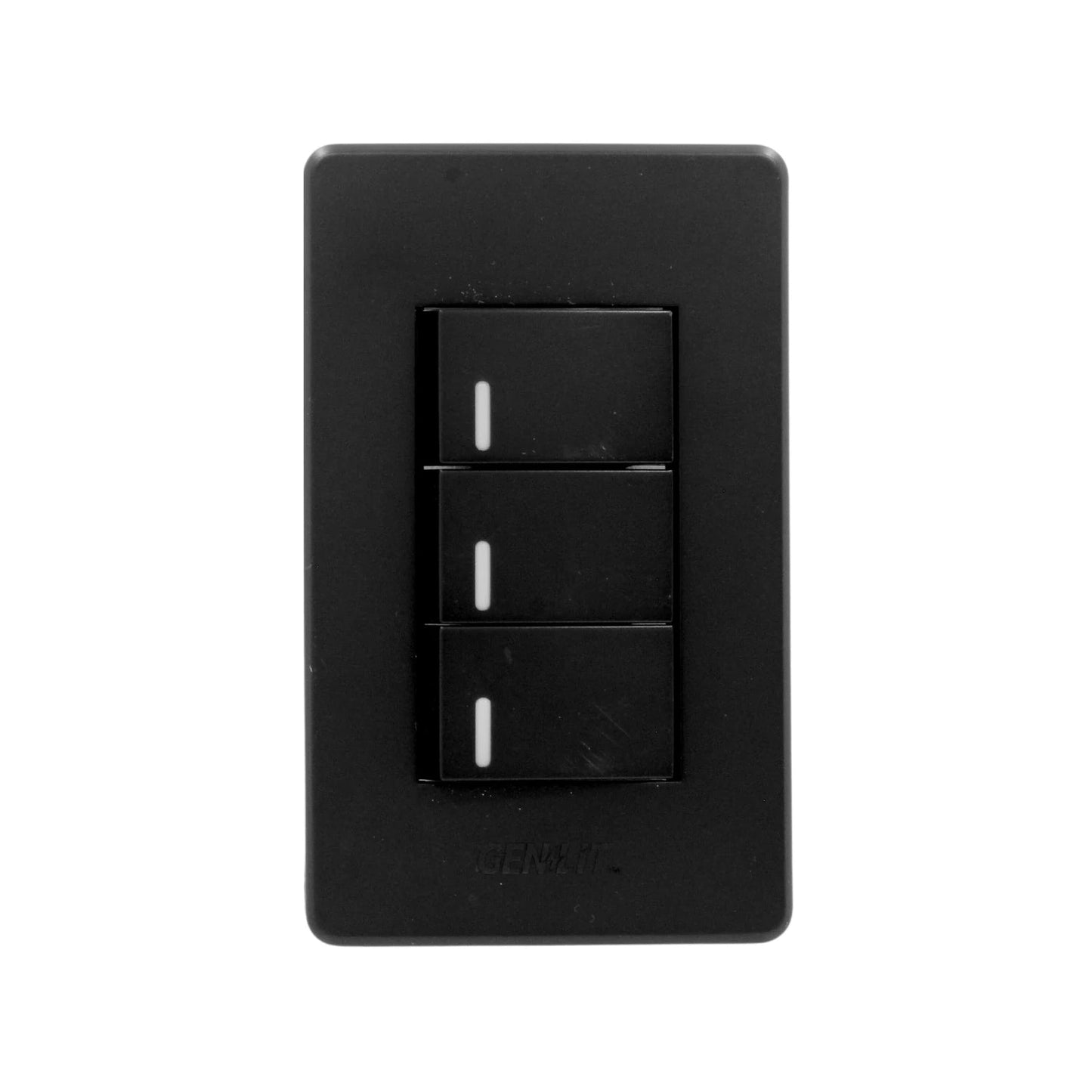 Placa eléctrica Genlit negra con tres interruptores de luz de palanca. Apagador triple moderno para pared.