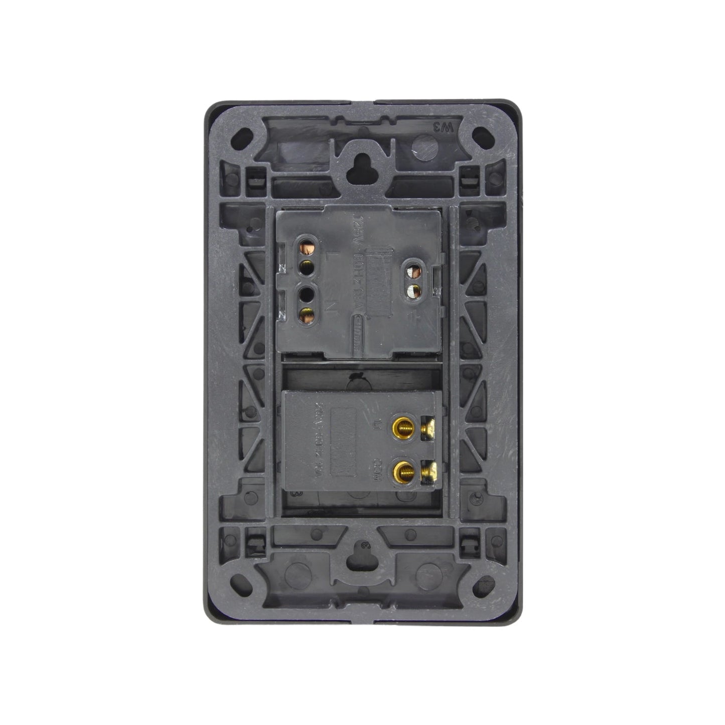 Placa eléctrica trasera negra, conexiones internas para apagador y contacto, 15A 125V, montaje