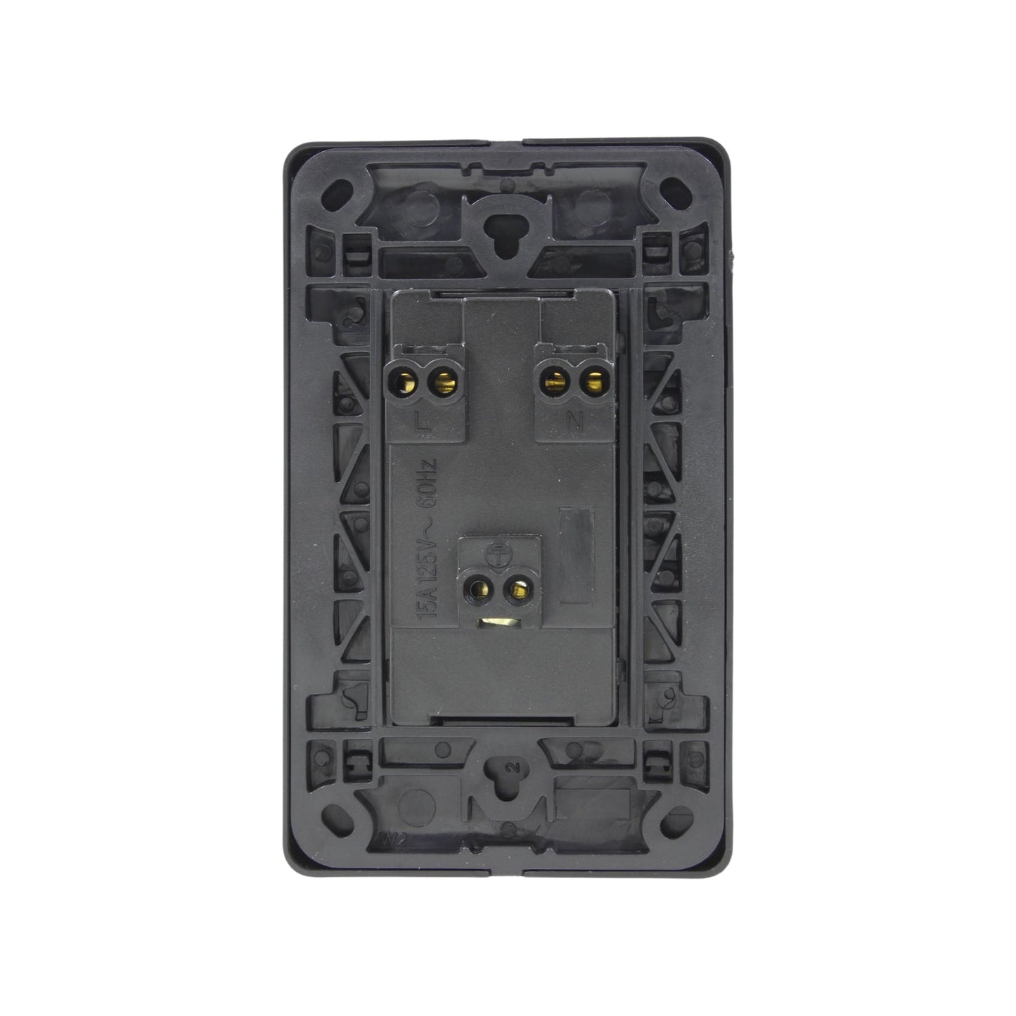Placa contacto dúplex negra vista trasera, toma corriente 15A 125V 60Hz, terminales eléctricos