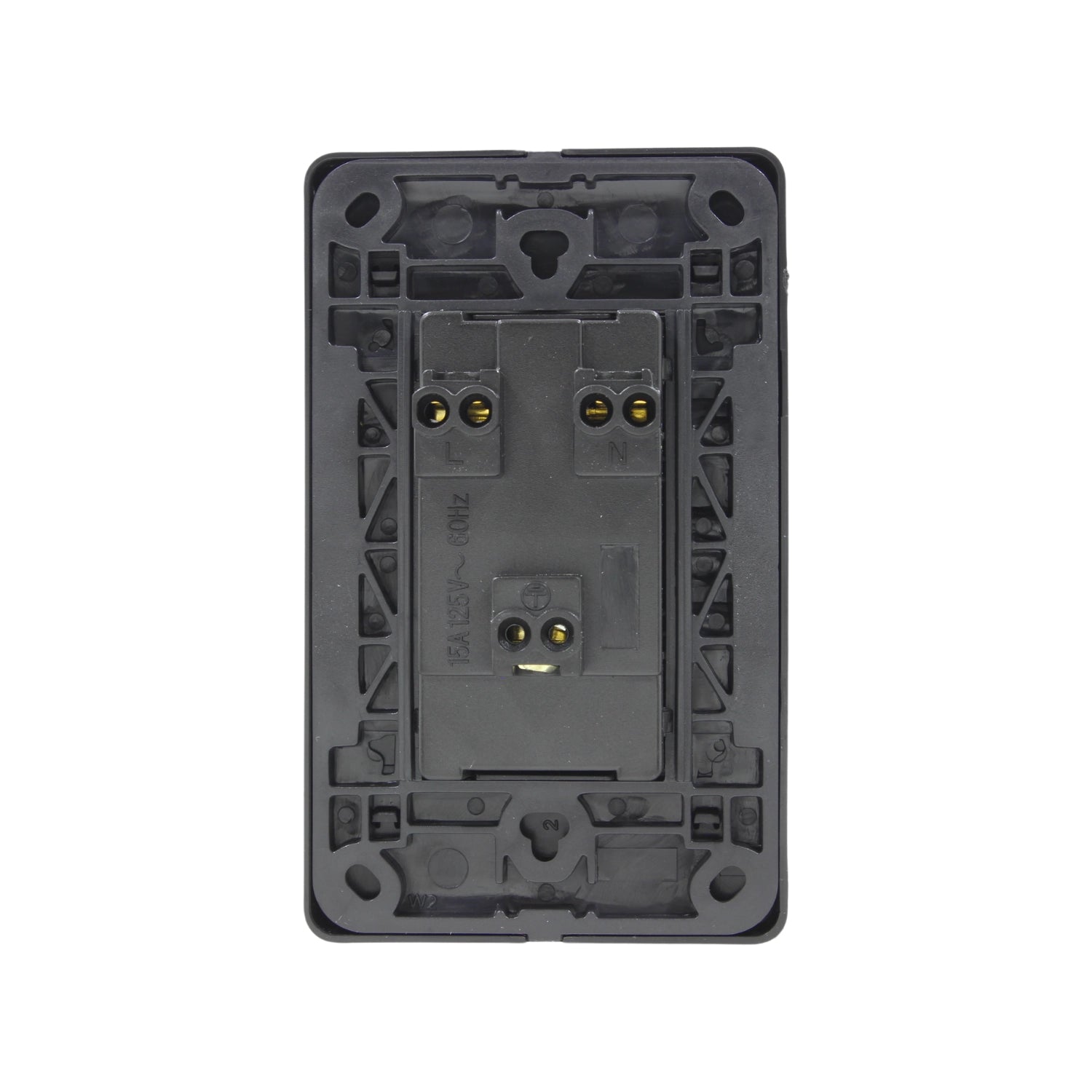 Placa contacto dúplex negra vista trasera, toma corriente 15A 125V 60Hz, terminales eléctricos
