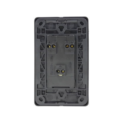 Placa contacto dúplex negra vista trasera, toma corriente 15A 125V 60Hz, terminales eléctricos