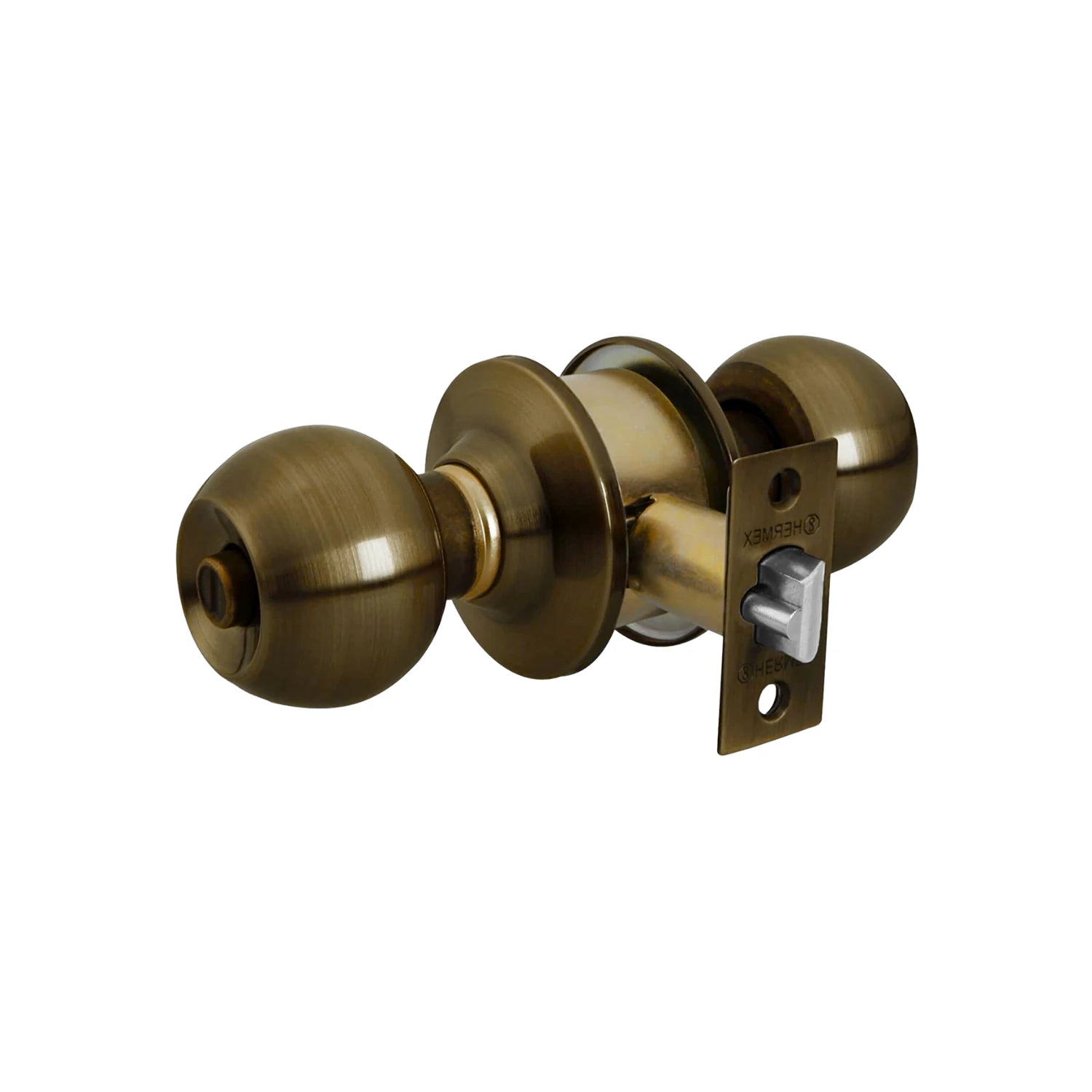 Chapa esfera FERBEX para recámara, acabado cobre antiguo, con pestillo y entrada para llave.