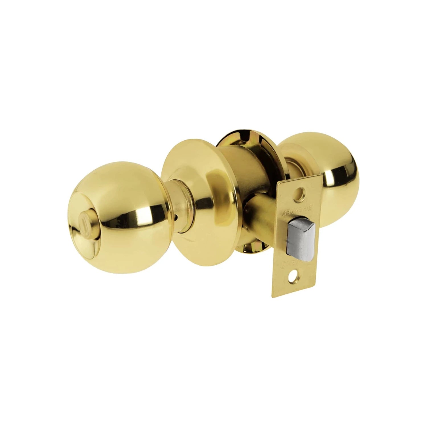 Cerradura de pomo esfera dorada brillante con mecanismo de pestillo, perfecta para puertas de recámara.