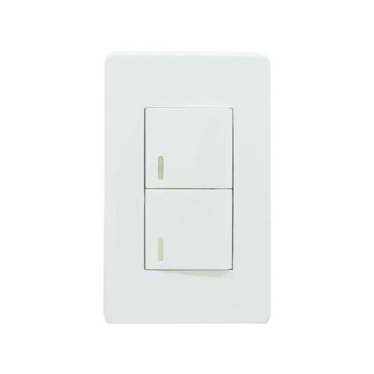 Placa Genlit blanca con dos apagadores de luz e indicadores luminosos verdes. Interruptor doble para pared.