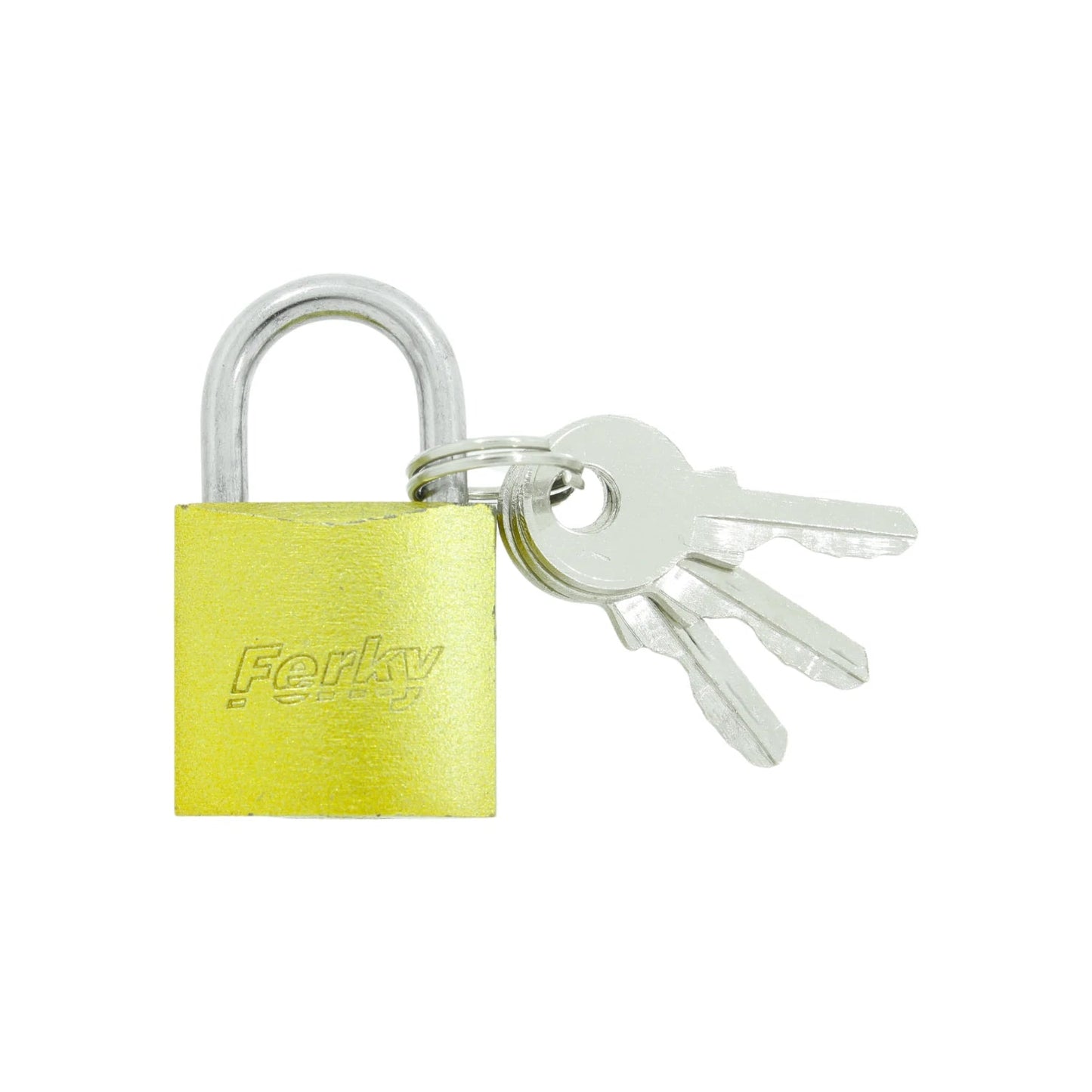 Candado Ferky de latón dorado con gancho corto y tres llaves de seguridad plateadas