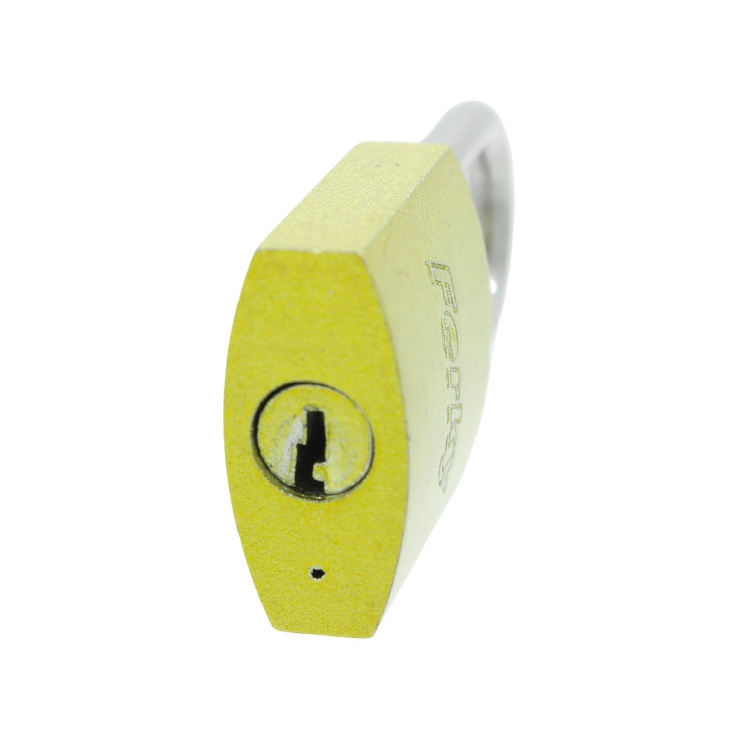 Candado de seguridad amarillo con cuerpo metálico, cerradura para llave y marca FERKY.