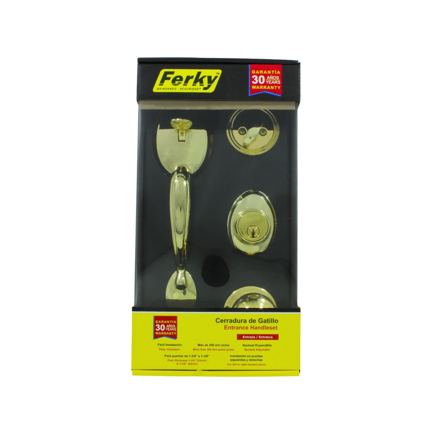 Cerradura de gatillo Ferky dorada para entrada, con manija exterior y cerrojo de seguridad.