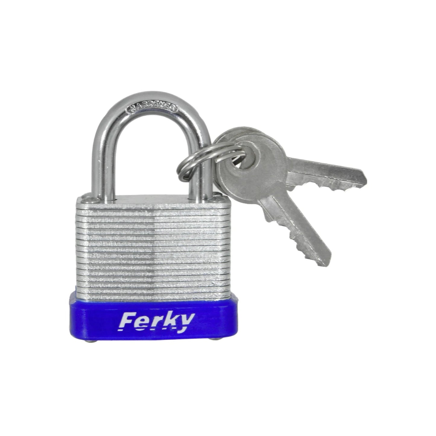Candado laminado Ferky con gancho endurecido, base azul y dos llaves. Ideal para seguridad.