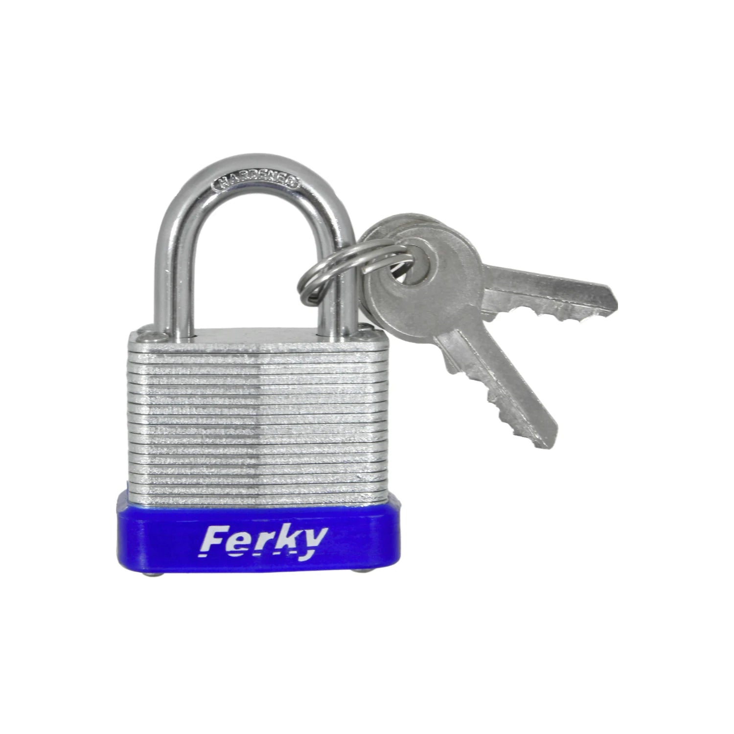 Candado laminado Ferky con gancho endurecido, base azul y dos llaves. Ideal para seguridad.