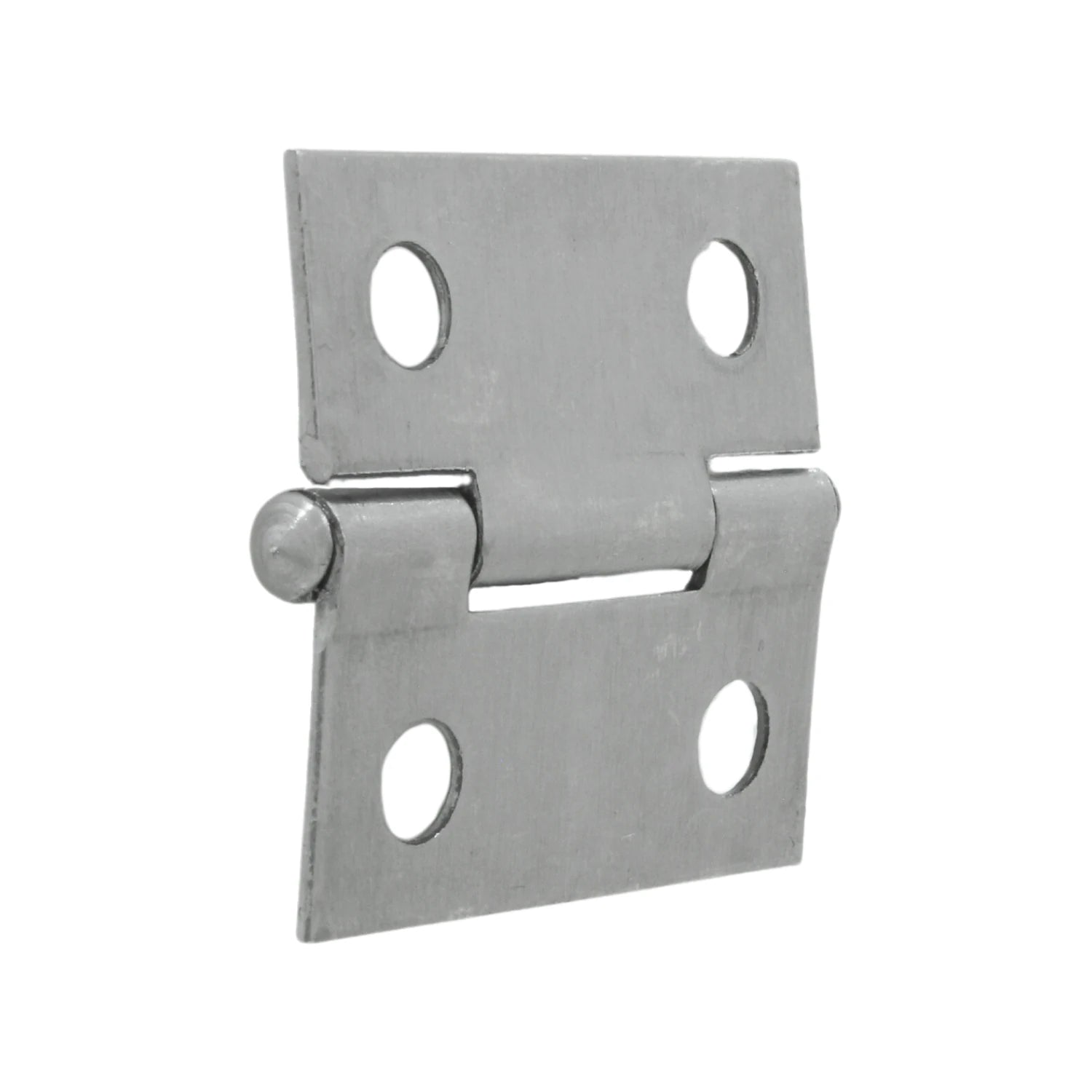 Bisagra de acero satinado con 4 orificios de fijación, ideal para puertas y muebles.