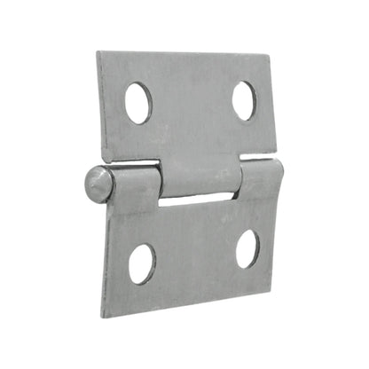 Bisagra de acero satinado con 4 orificios de fijación, ideal para puertas y muebles.
